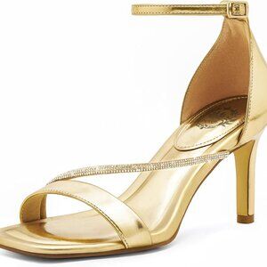 Women Strappy Heels Faux Leather 8cm Stiletto Rhinestone Open Toe Party